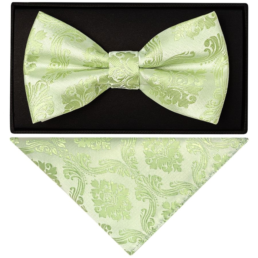Sage Green Paisley Handmade Mens Bow Tie and Pocket Square