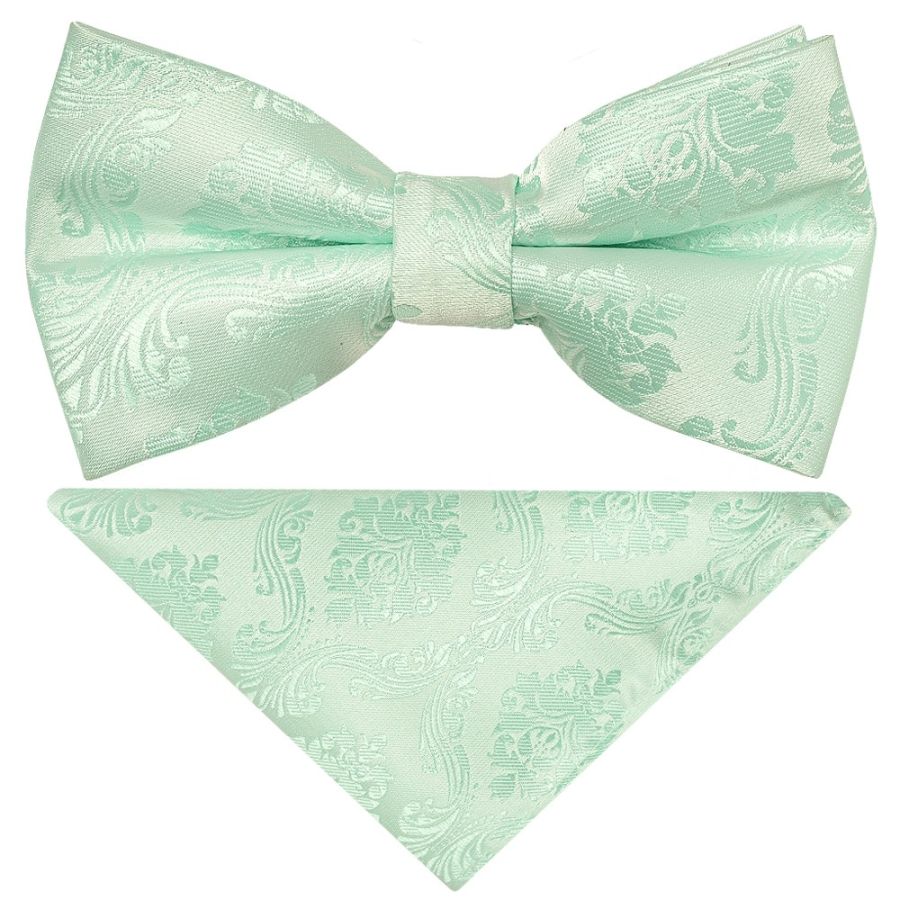 Pre Tied Mint Paisley Boys Bow Tie and Pocket Square Set