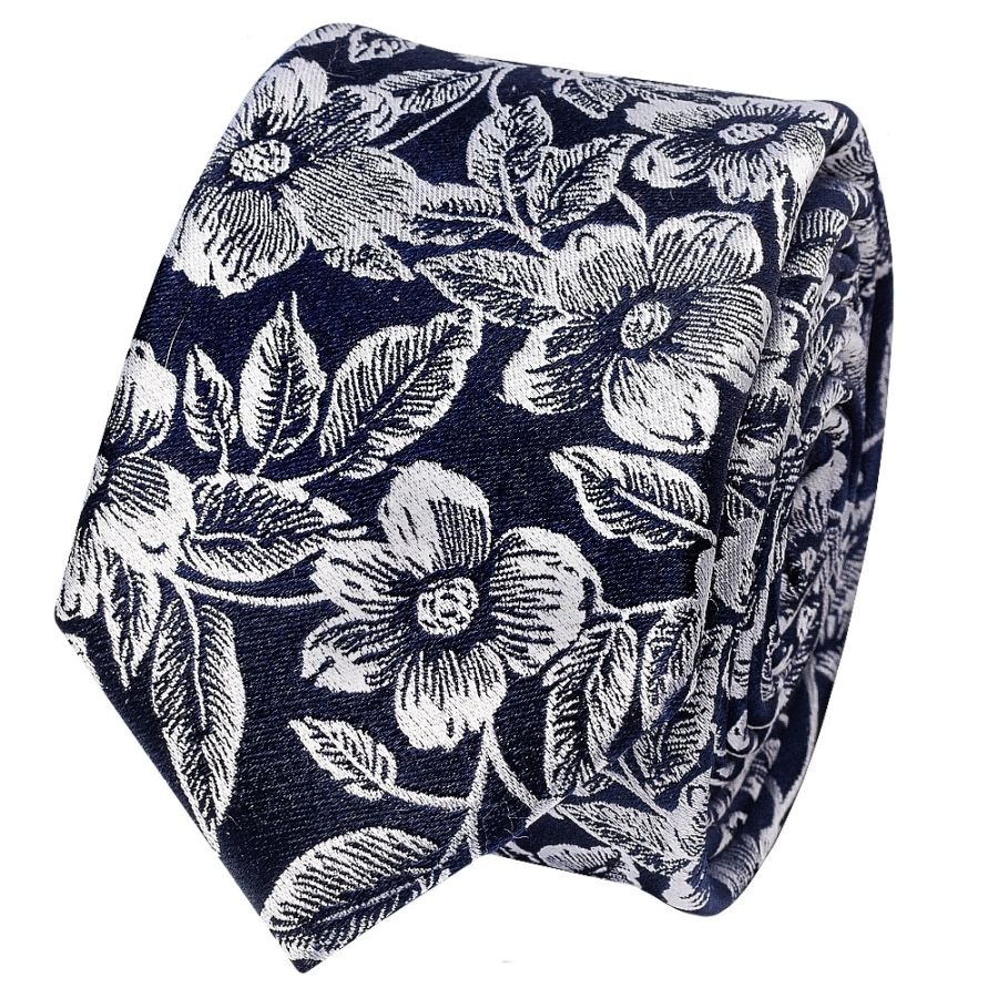 Mens Navy Floral Silk Skinny Tie and Pocket Square