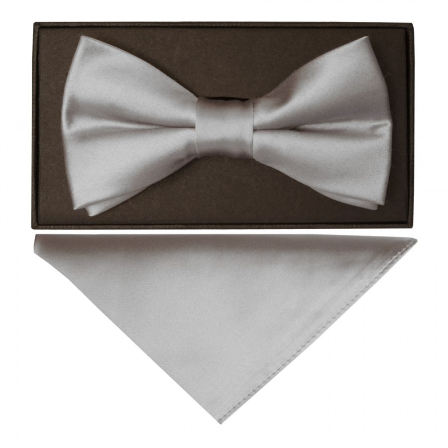 Plain Silver Handmade Mens Bow Tie and Pocket Square Set