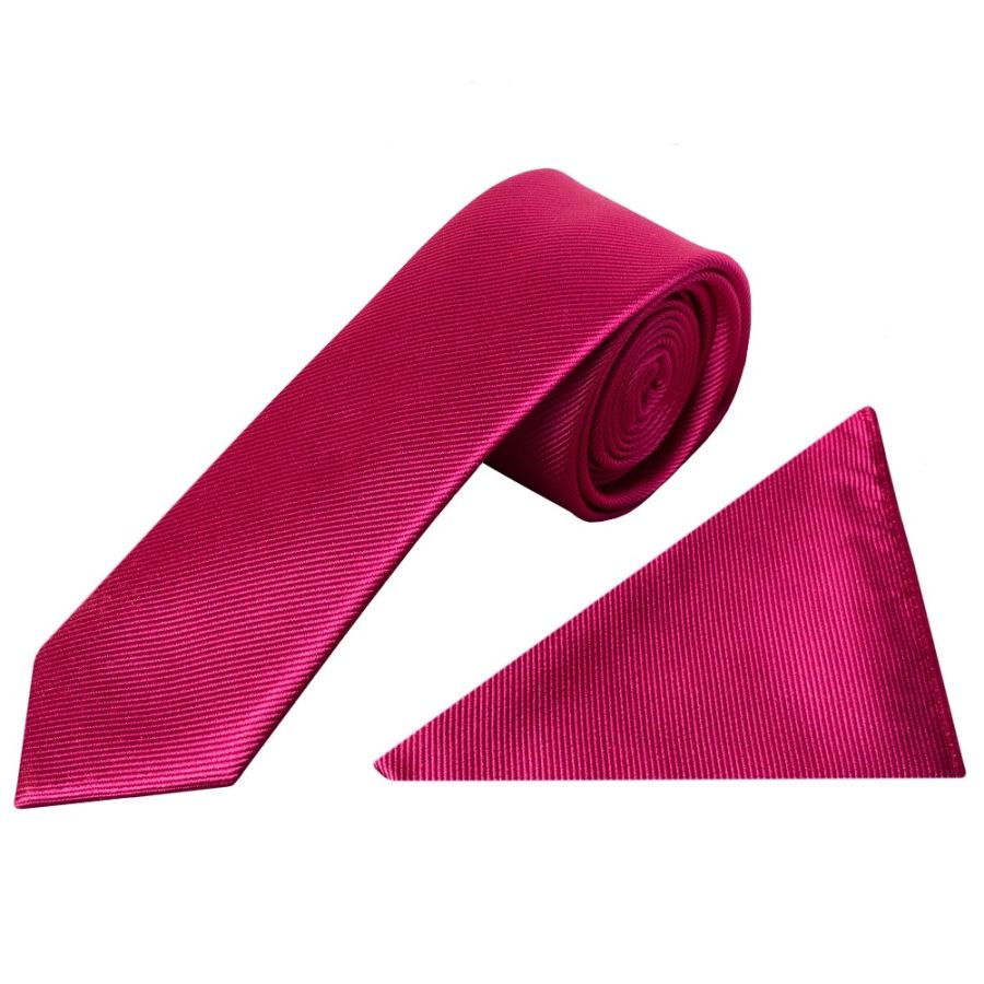 Fuchsia Pink Silk Twill Skinny Mens Tie and Pocket Square Set