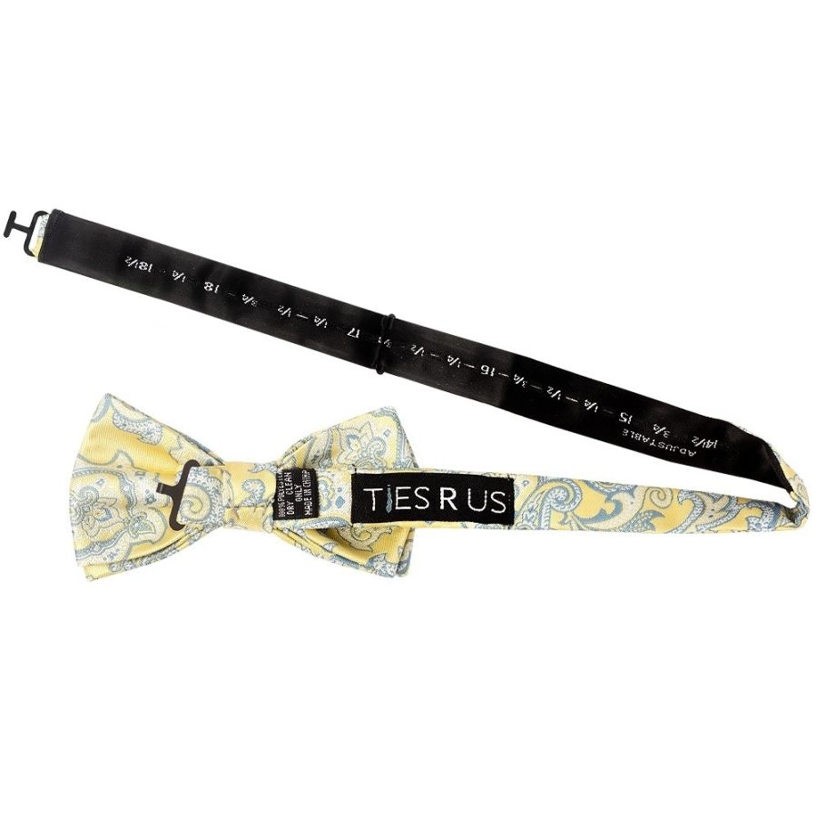 Yellow and Blue Paisley Handmade Mens Bow Tie and Pocket Square Set