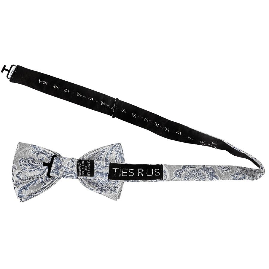 Silver and Blue Paisley Handmade Mens Bow Tie