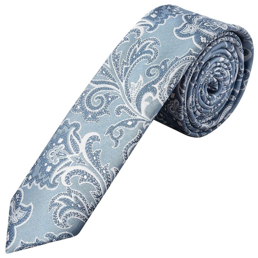 Blue and Silver Paisley Skinny Mens Tie and Pocket Square Set