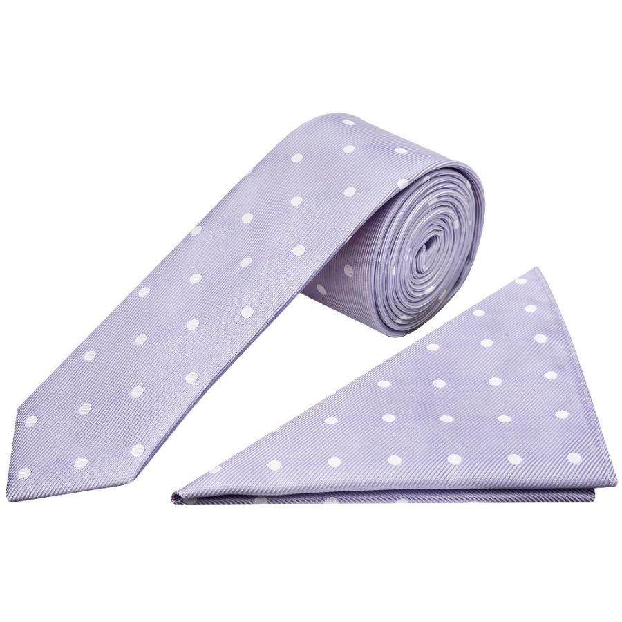 Lilac Large White Spot Skinny Men's Tie and Pocket Square Set