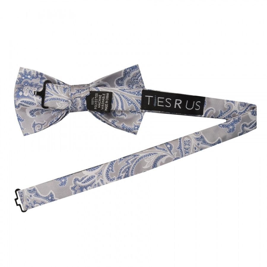 Silver and Blue Paisley Handmade Mens Bow Tie
