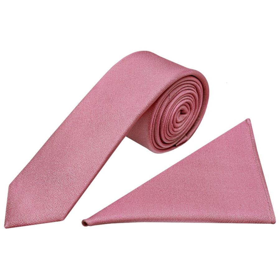 Plain Dusty Pink Silk Skinny Boys Tie and Pocket Square Set