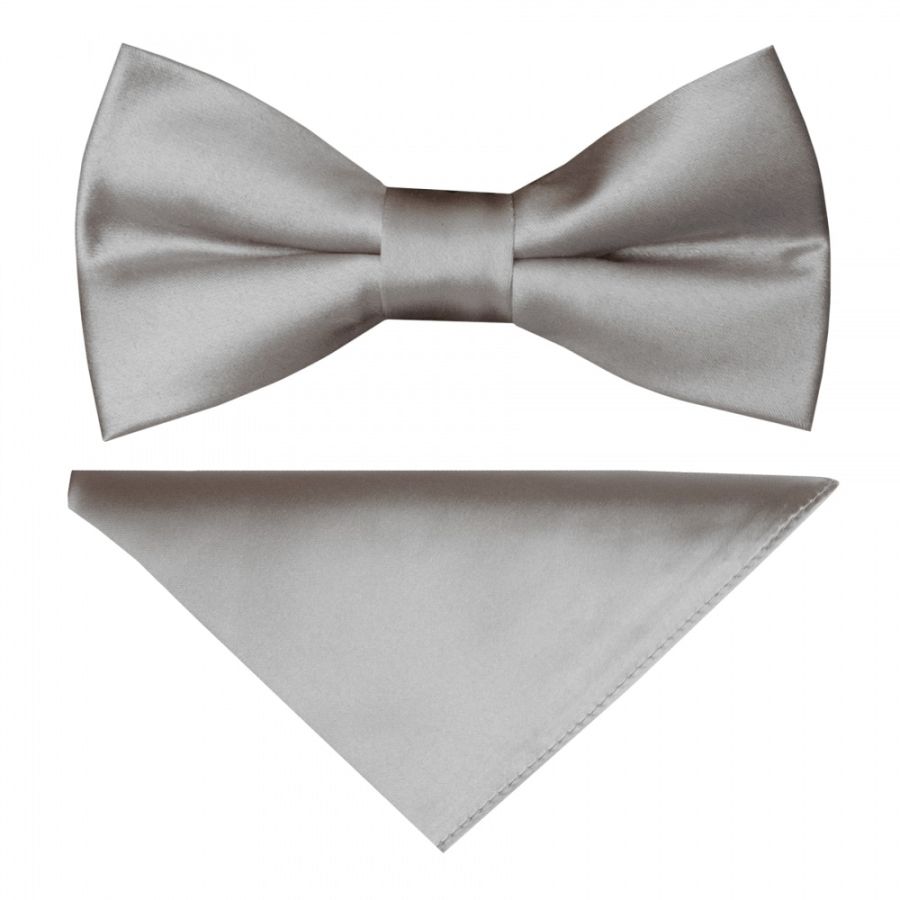 Pre Tied Silver Satin Boys Bow Tie and Pocket Square Set