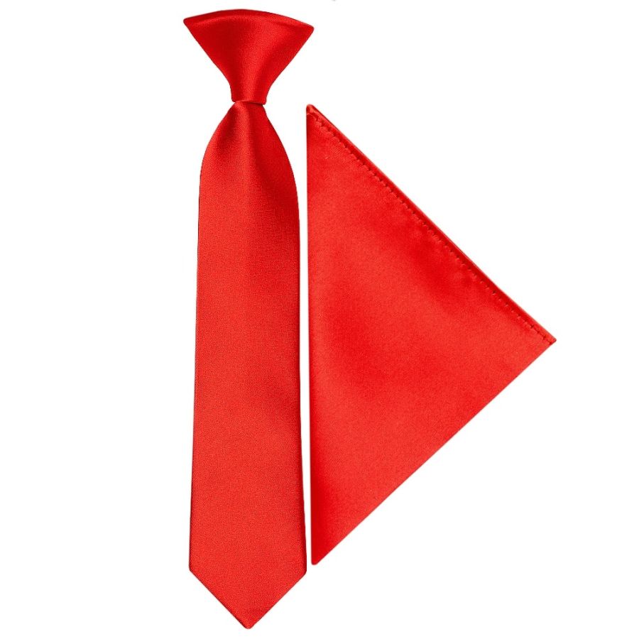 Pre Tied Bright Red Satin Boys Tie and Pocket Square Set Age 4-7