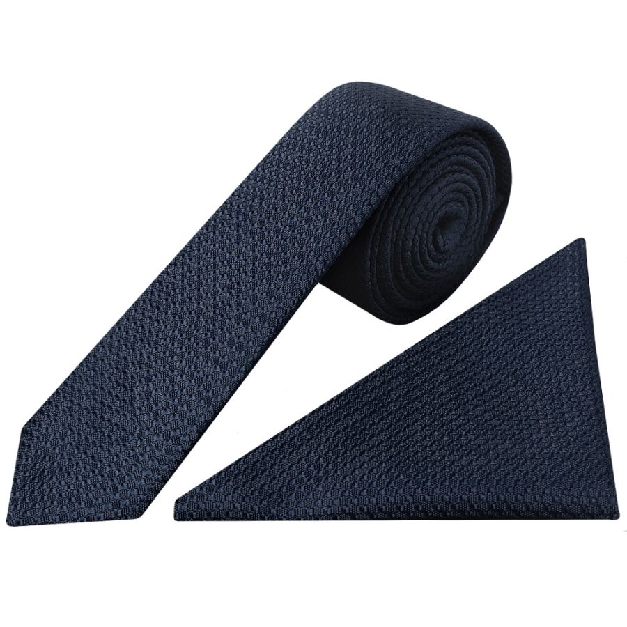 Navy Textured Skinny Tie and Pocket Square Set