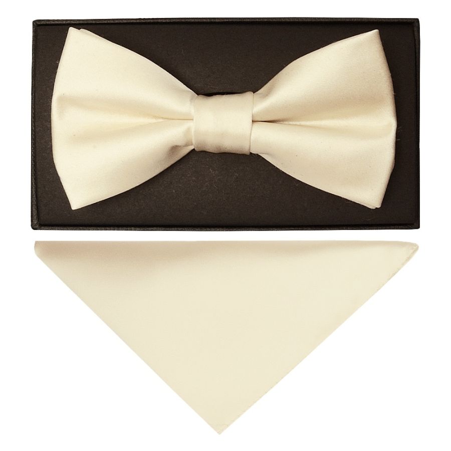 Plain Ivory Hand Made Mens Bow Tie and Pocket Square Set