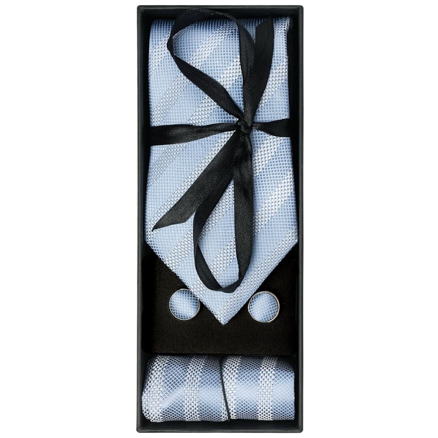 Mens Light Blue Textured Stripe Silk Classic Tie Pocket Square and Cufflinks Box Set