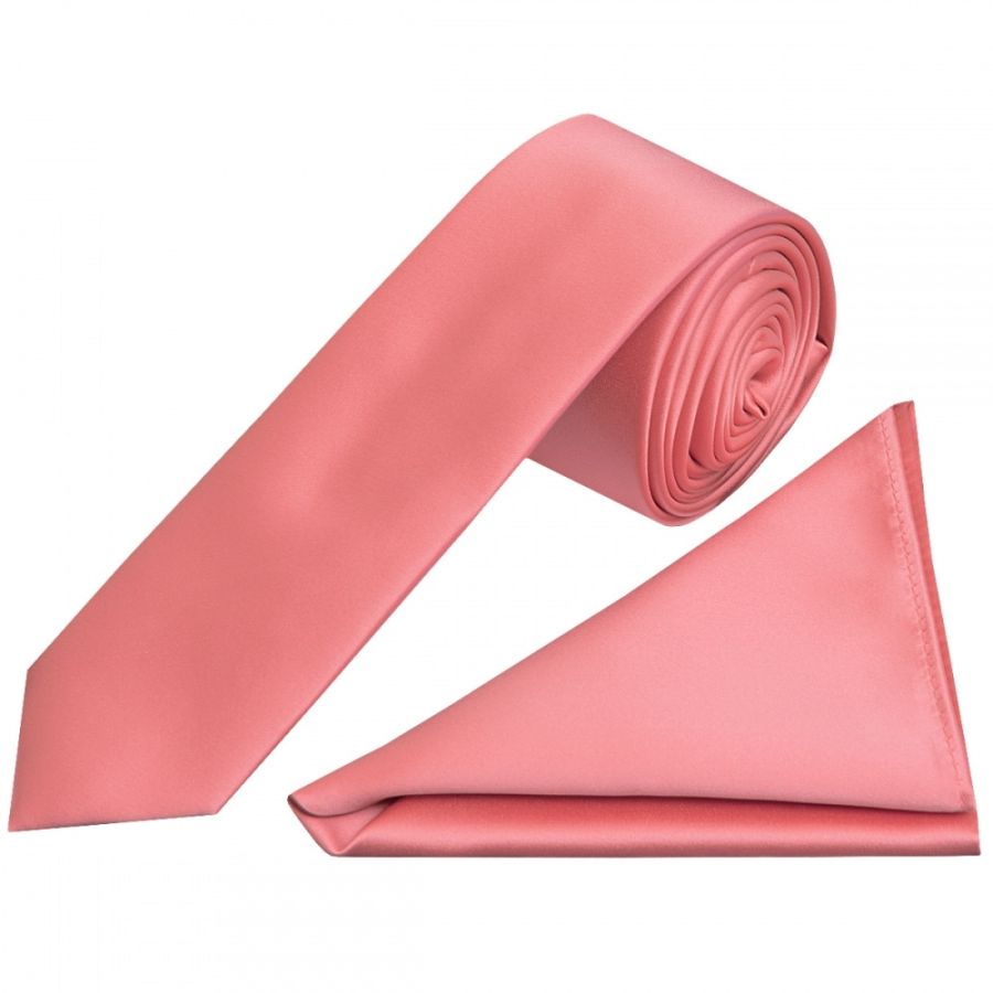 Plain Light Coral Pink Satin Skinny Boys Tie and Pocket Square Set