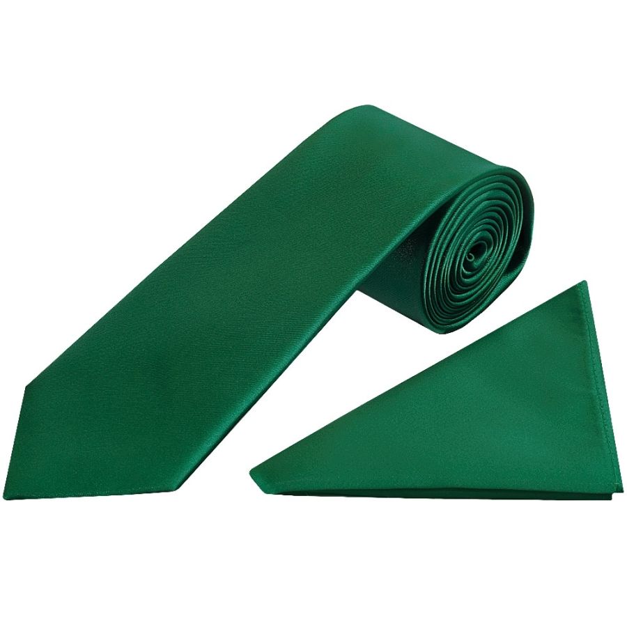 Plain Forest Green Satin Classic Men's Tie and Pocket Square Set