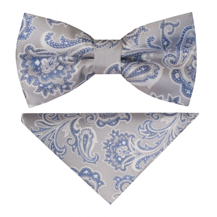 Pre Tied Silver and Blue Paisley Boys Bow Tie and Pocket Square Set