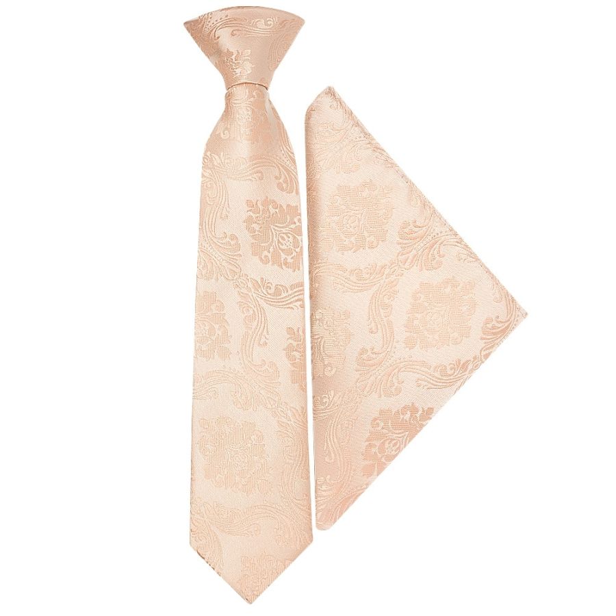 Pre Tied Light Peach Paisley Boys Tie and Pocket Square Set Age 4-7