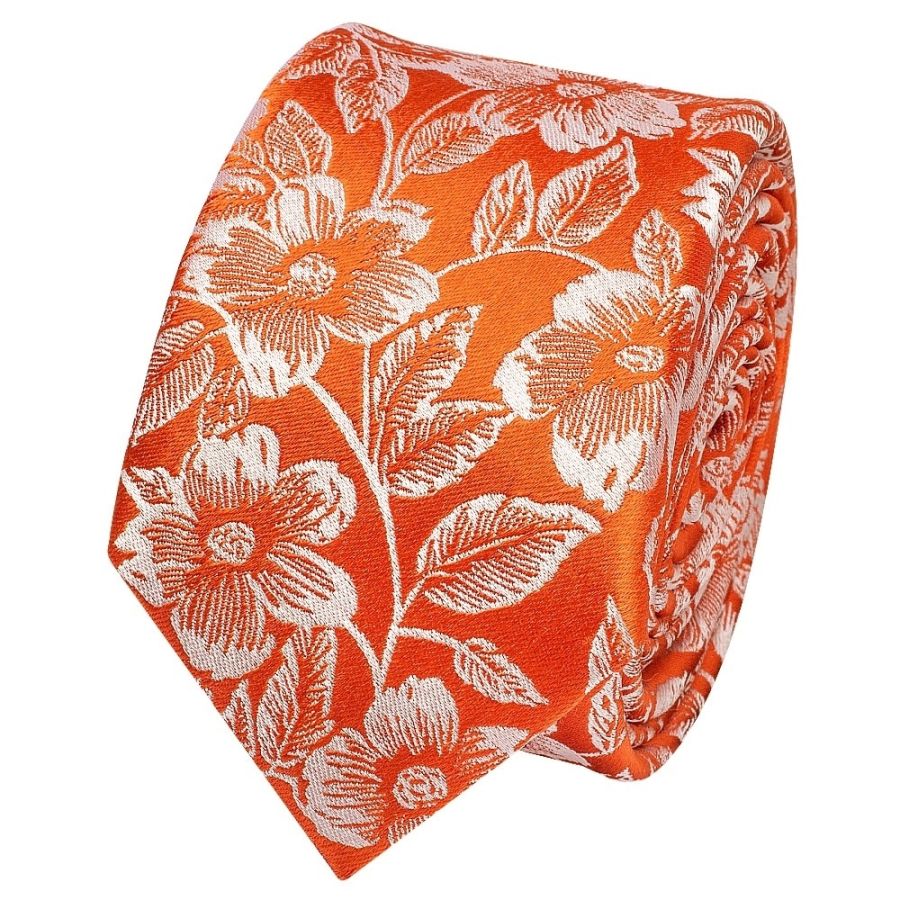 Mens Orange Floral Silk Skinny Tie and Pocket Square