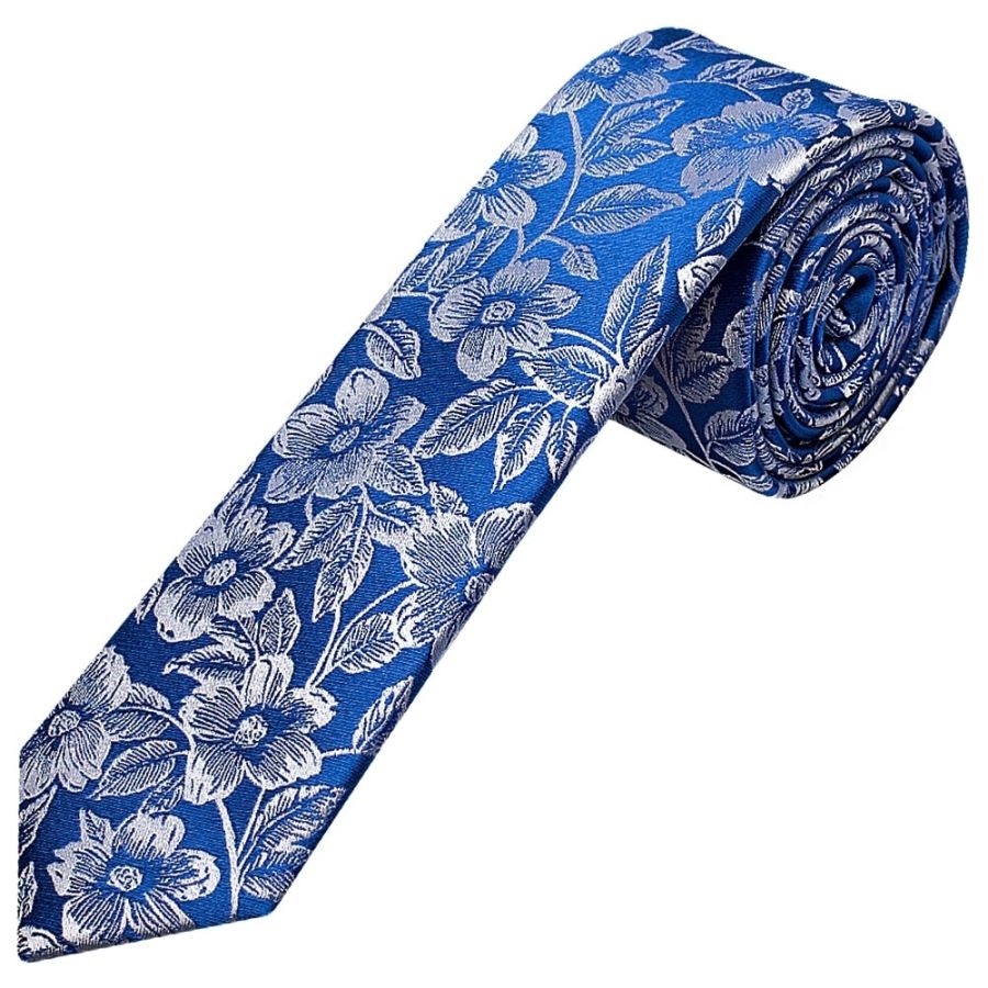 Mens Royal Blue Floral Silk Skinny Tie and Pocket Square