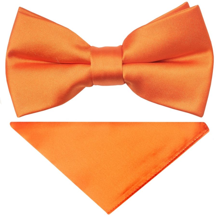 Pre Tied Orange Satin Boys Bow Tie and Pocket Square Set Age 4-7