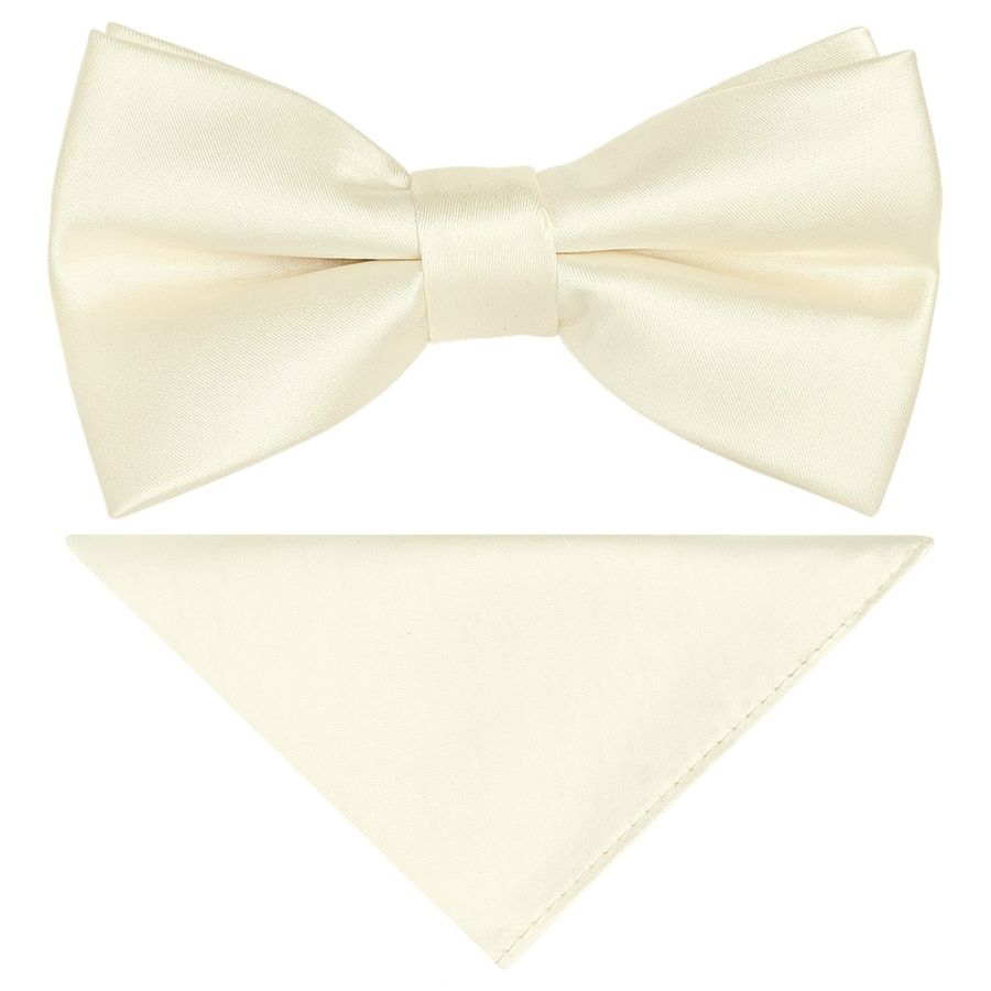 Pre Tied Off White Satin Boys Bow Tie and Pocket Square Set Age 4-7