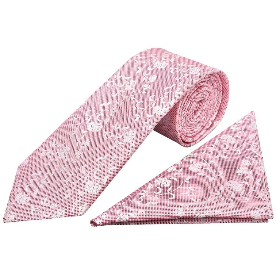 Pink and White Floral Classic Men's Tie Pocket Square Set