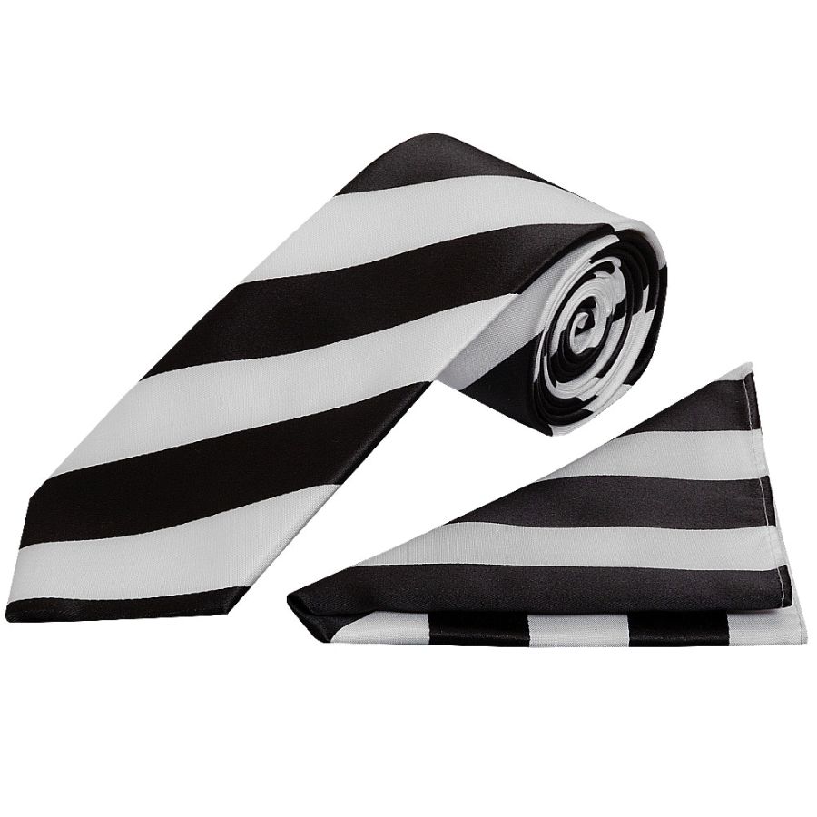 Black and White Striped Handmade Classic Men's Football Tie and Pocket Square Set