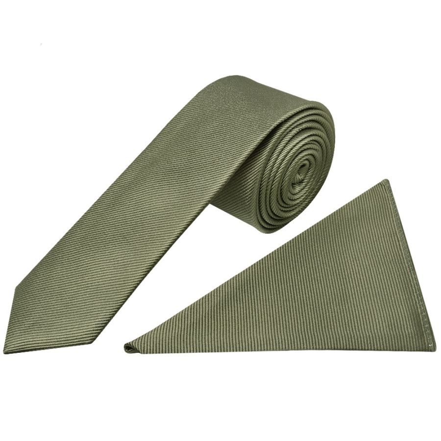 Olive Silk Twill Skinny Men's Tie and Pocket Square Set