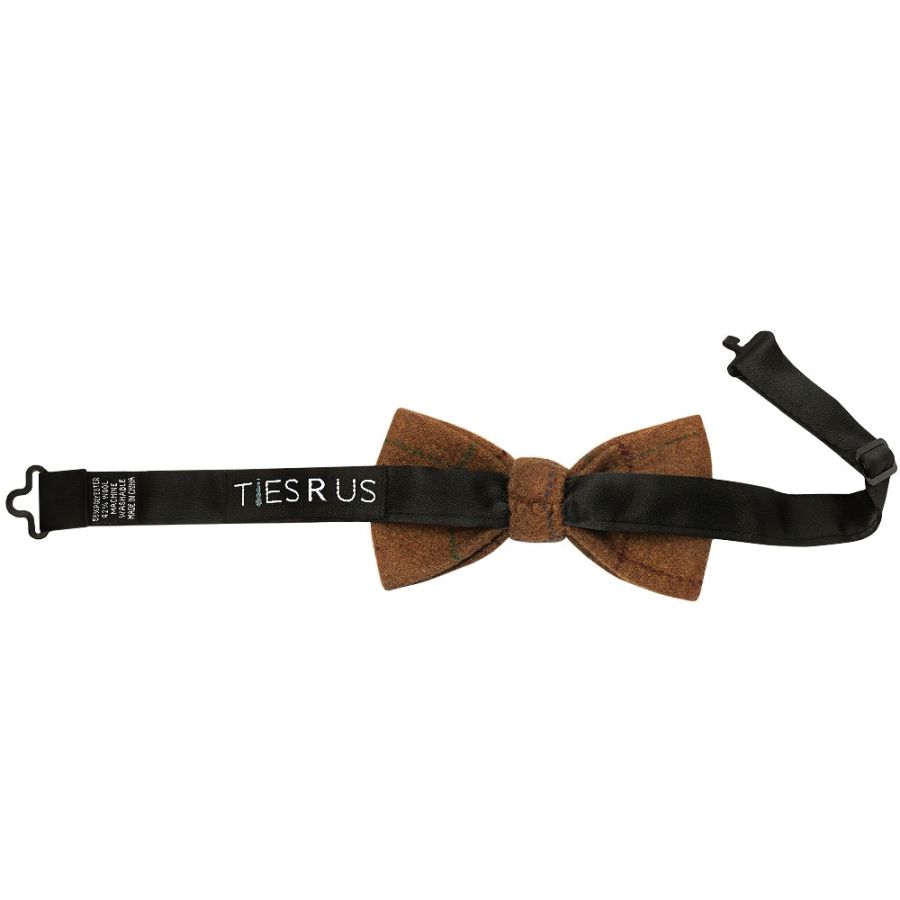 Pre Tied Light Brown Large Check Tweed Boys Bow Tie Age 8-11