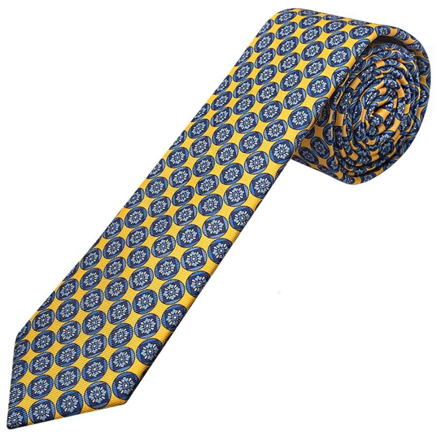 Yellow with Blue Geo Silk Skinny Men's Tie