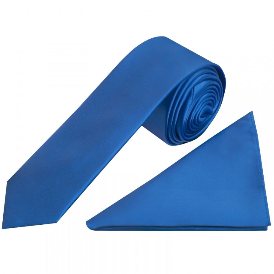 Plain Electric Blue Satin Skinny Men's Tie and Pocket Square Set