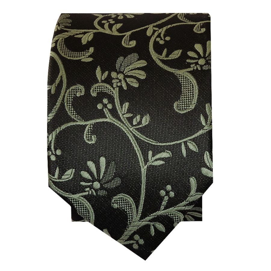 Black with Sage Green Floral Skinny Boys Tie