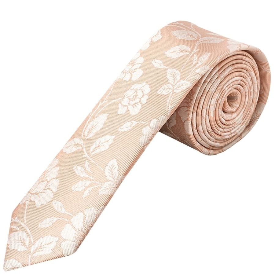 Pink with White Floral Silk Skinny Tie and Pocket Square Set