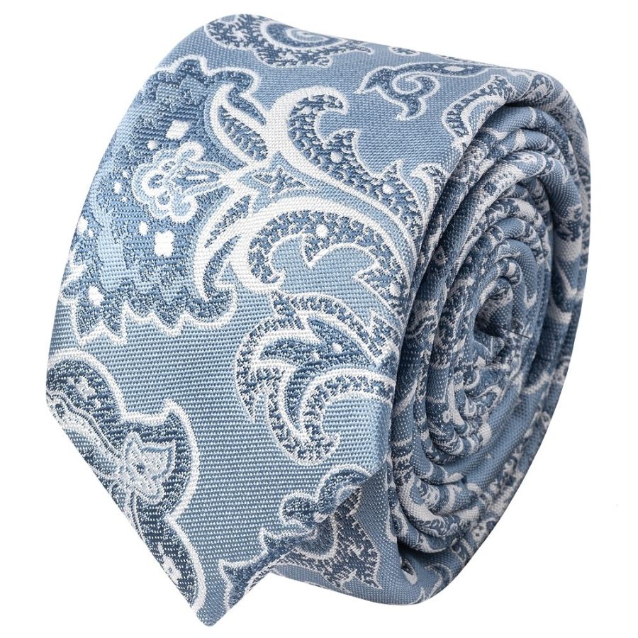 Blue and Silver Paisley Skinny Mens Tie and Pocket Square Set