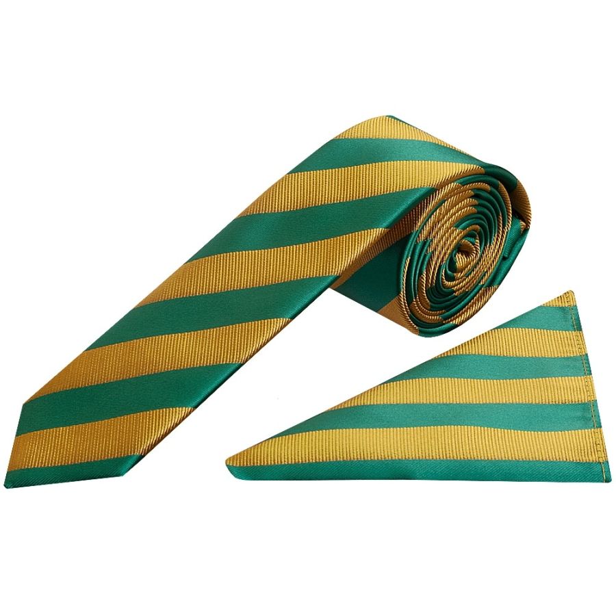 Green and Gold Striped Skinny Men's Tie and Pocket Square Set