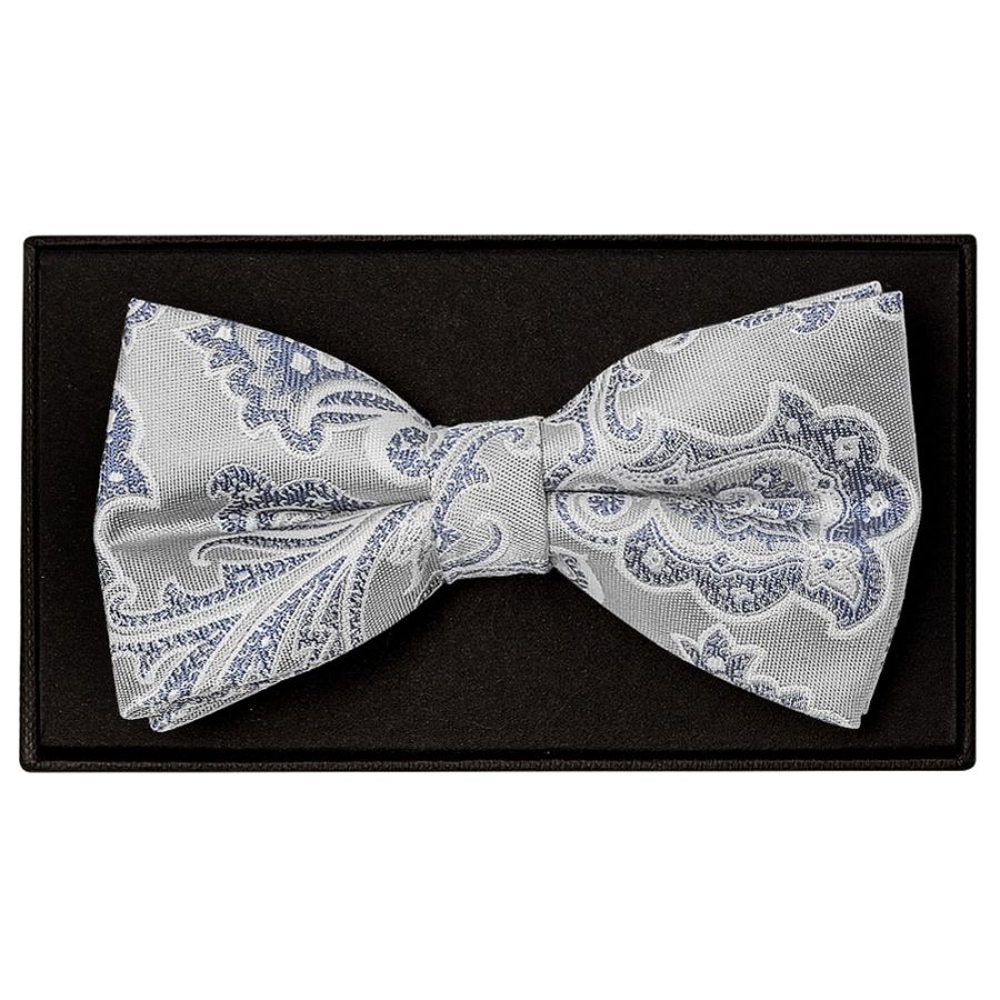 Silver and Blue Paisley Handmade Mens Bow Tie