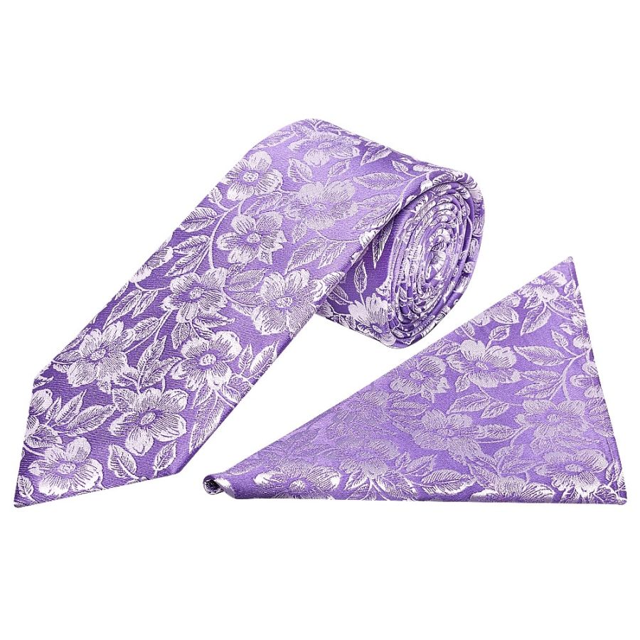 Mens Lilac Floral Silk Classic Tie and Pocket Square