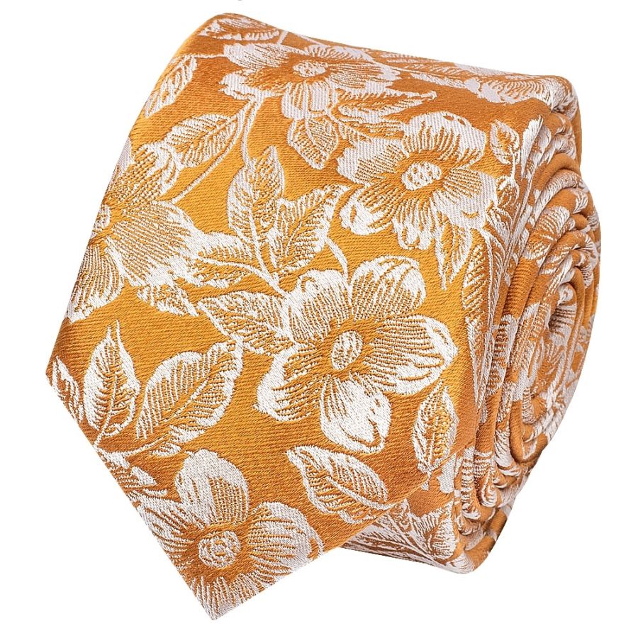 Mens Gold Floral Silk Skinny Tie