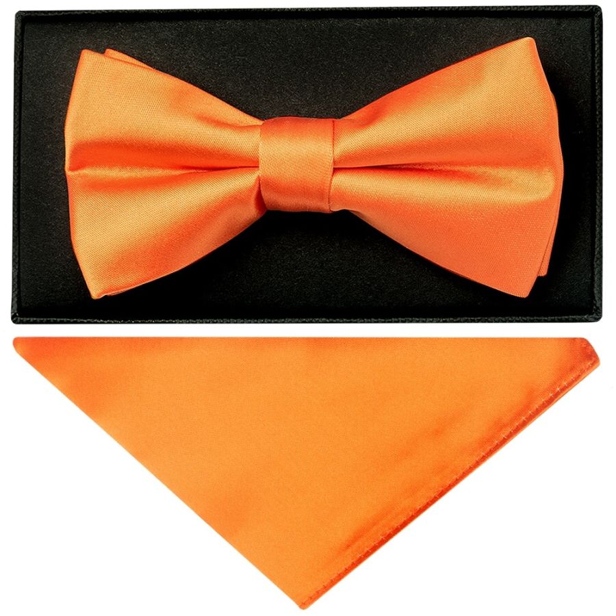 Plain Orange Hand Made Mens Bow Tie and Pocket Square Set