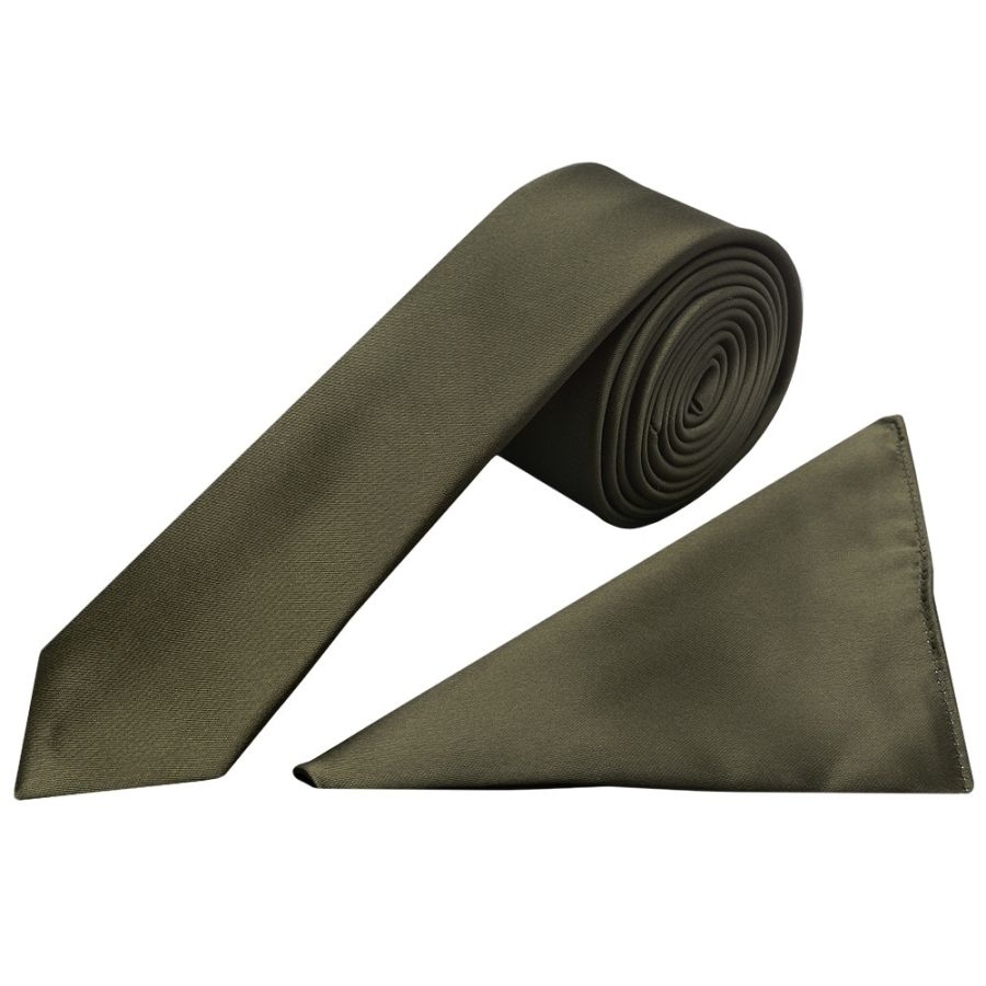 Plain Leaf Green Satin Skinny Boys Tie and Pocket Square Set