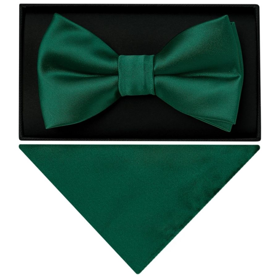 Plain Bottle Green Mens Bow Tie and Pocket Square Set