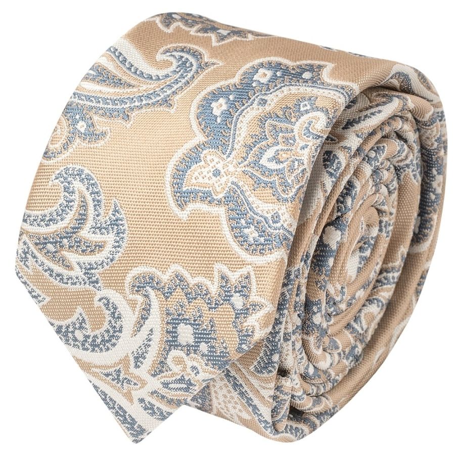 Champagne and Blue Paisley Skinny Men's Tie and Pocket Square Set