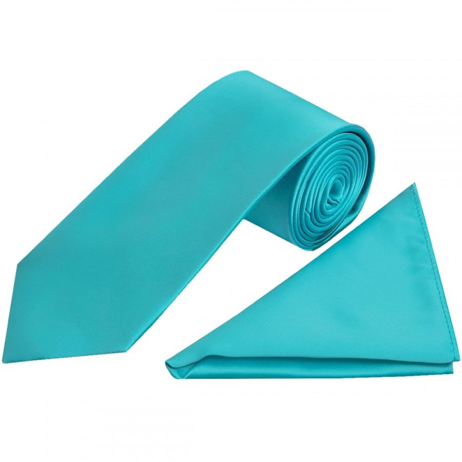 Plain Turquoise Satin Classic Men's Tie and Pocket Square Set