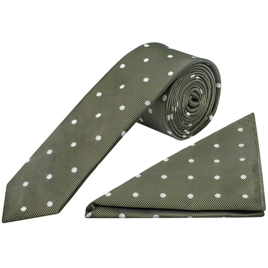 Olive Large White Spot Skinny Men's Tie and Pocket Square Set