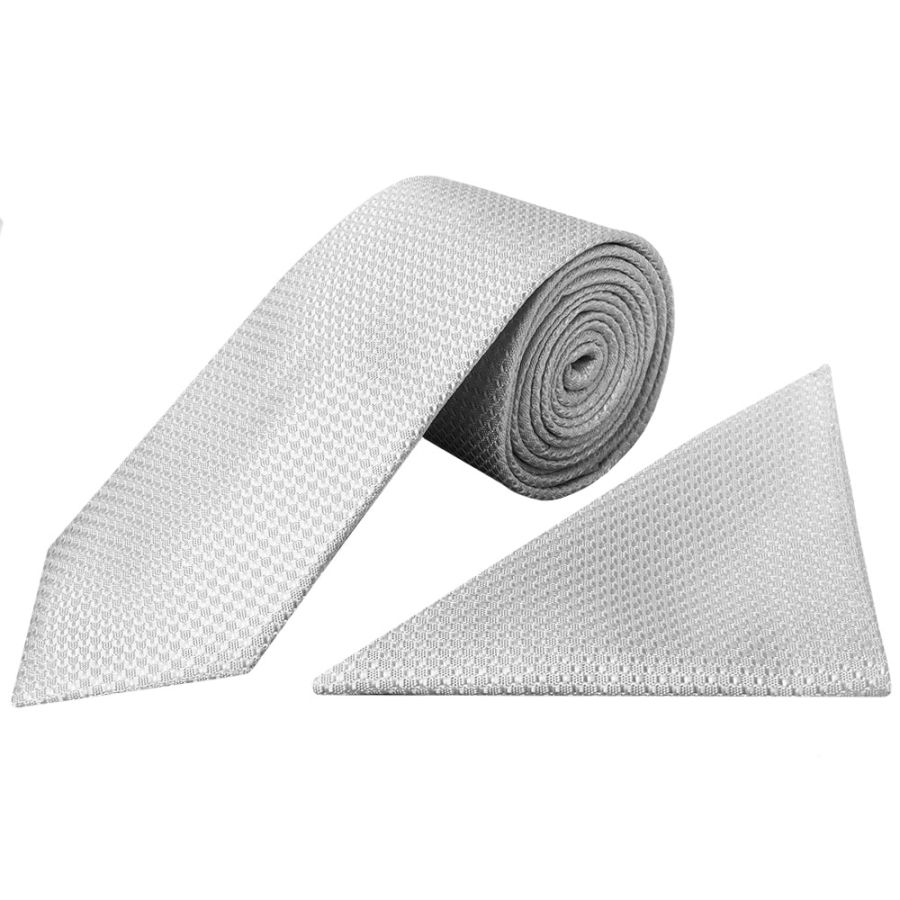 Silver Textured Classic Tie and Pocket Square Set