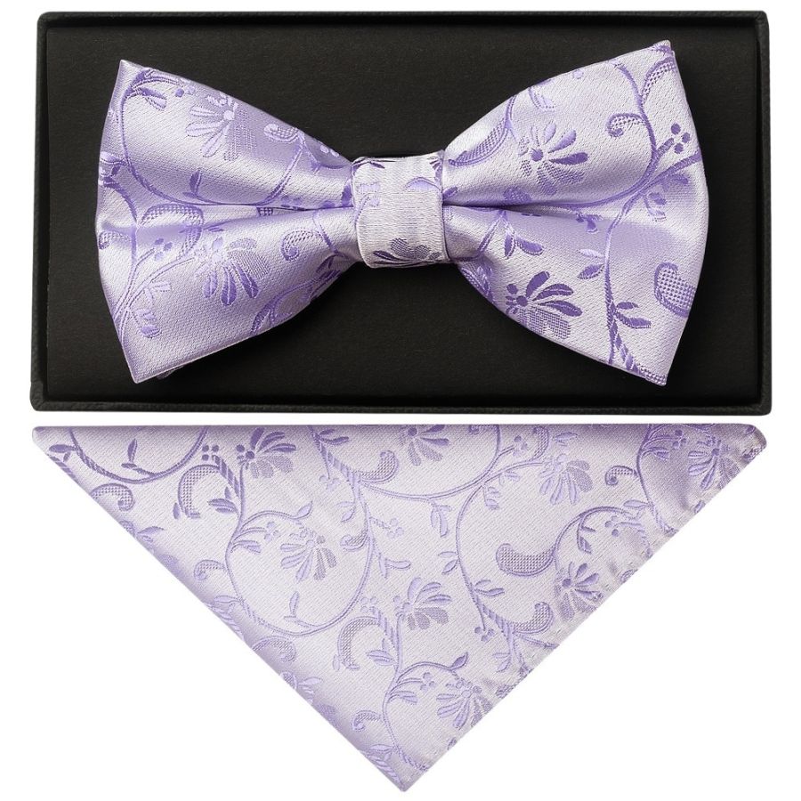 Lavender Floral Handmade Mens Bow Tie and Pocket Square Set