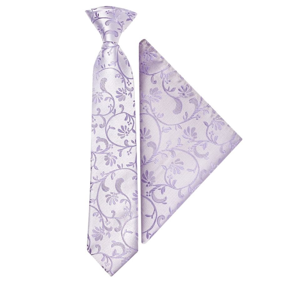 Pre Tied Lavender Floral Boys Tie and Pocket Square Set Age 4-7