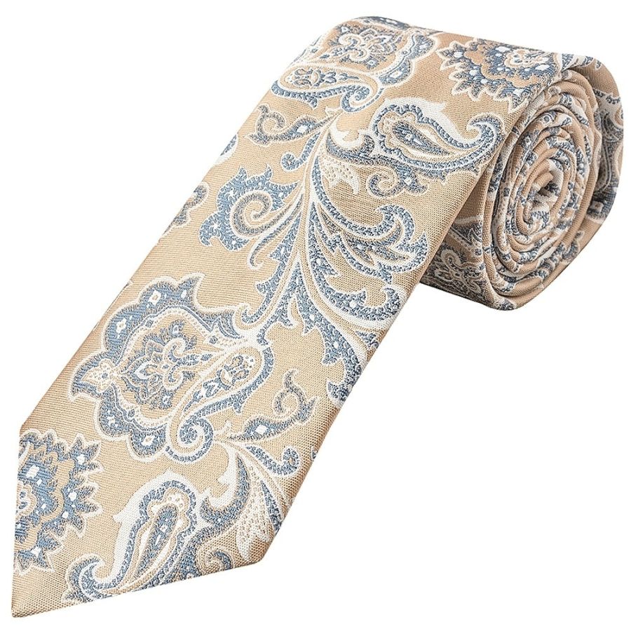 Champagne and Blue Paisley Classic Men's Tie and Pocket Square Set