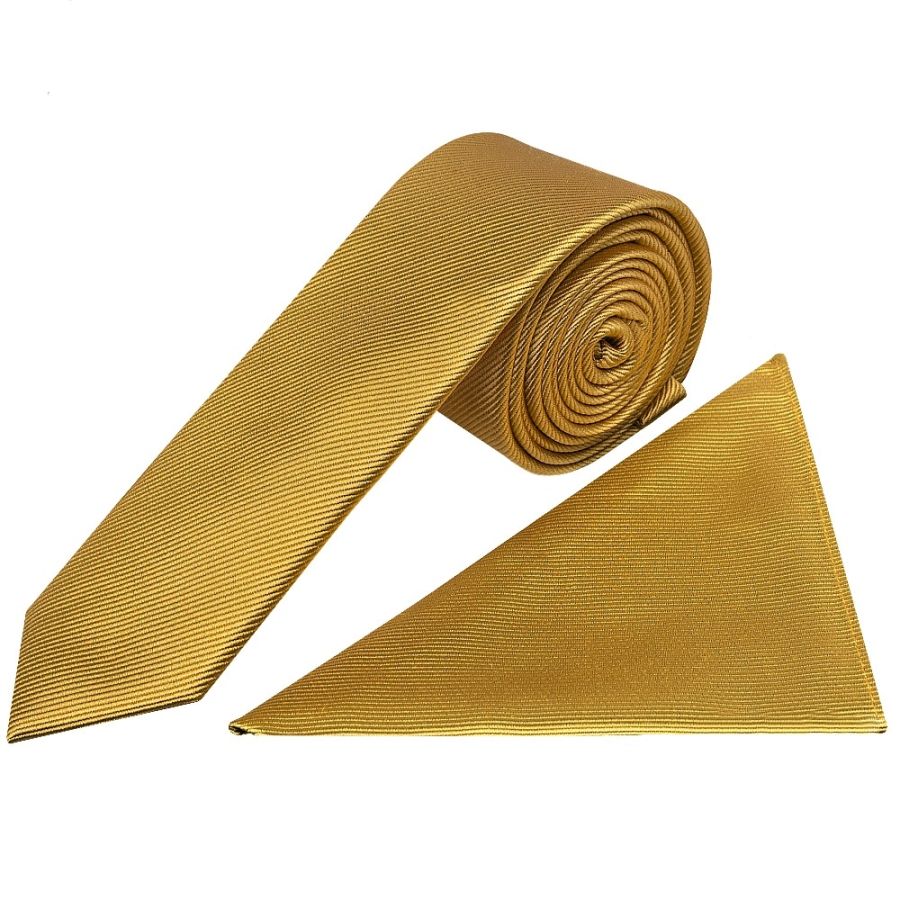 Mustard Yellow Silk Twill Skinny Mens Tie and Pocket Square Set