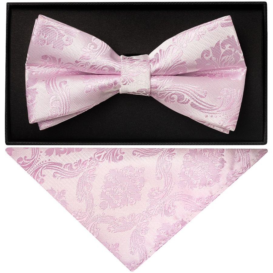 Light Dusty Pink Paisley Handmade Mens Bow Tie and Pocket Square Set