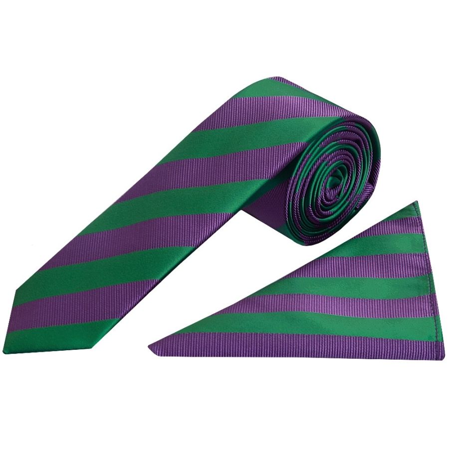 Green and Purple Striped Skinny Men's Tie and Pocket Square Set